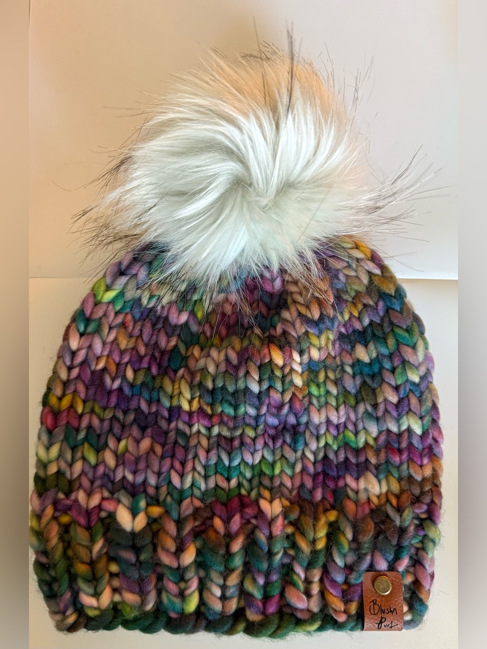 Chunky Multicolor Knit Beanie with White Faux-Fur Pom